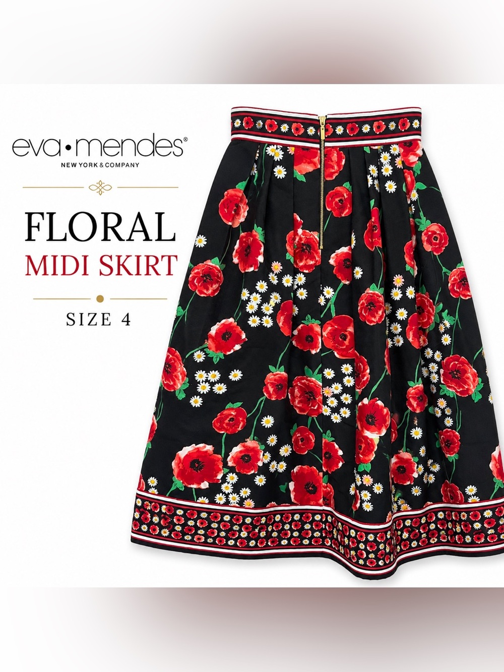 eva mendes for New York & Company Black Midi Skirt with Red Floral Print